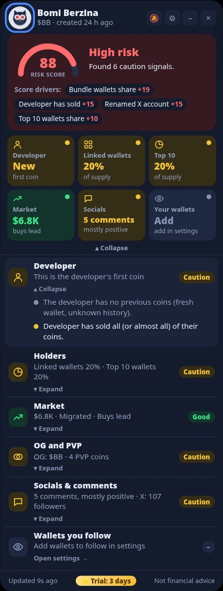Fukuro panel showing a high risk score of 88 on a pump.fun coin